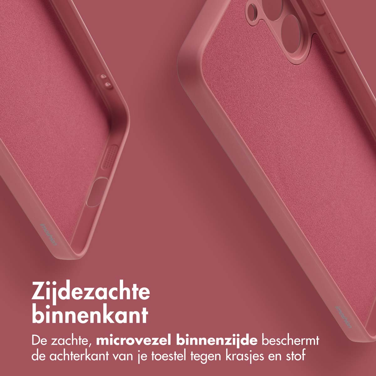 Twee telefoonhoesjes worden getoond, waarvan één open. De binnenkant is een zacht microvezelmateriaal. De hoes is roze van kleur.