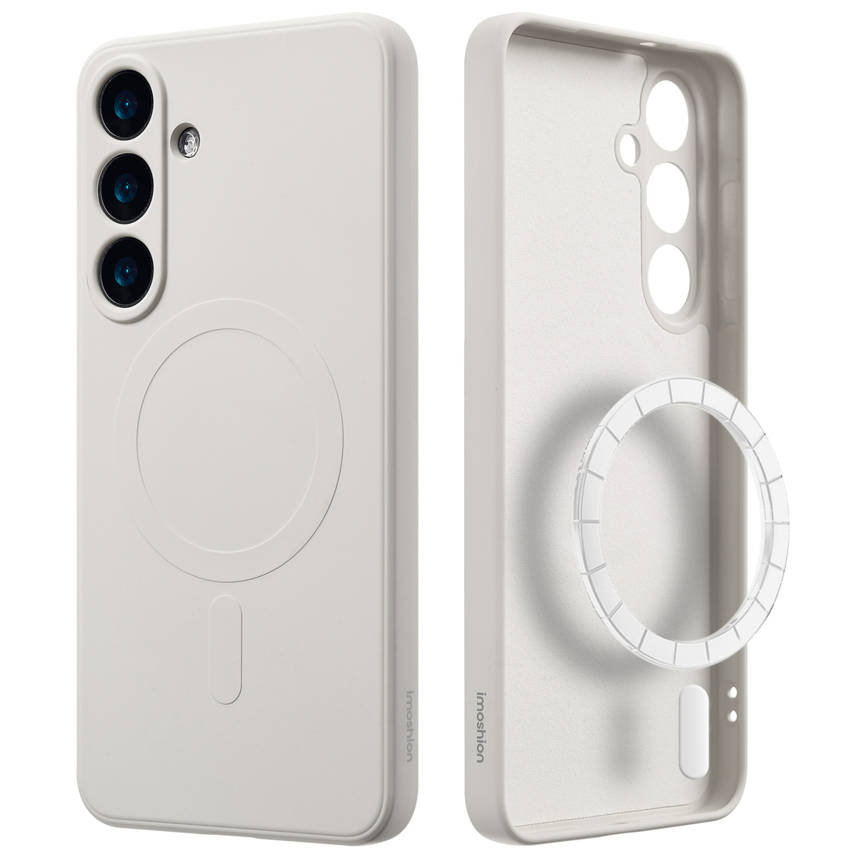 Een lichtgrijze telefoonhoes en de onderdelen ervan. Er is een telefoon en een ring.