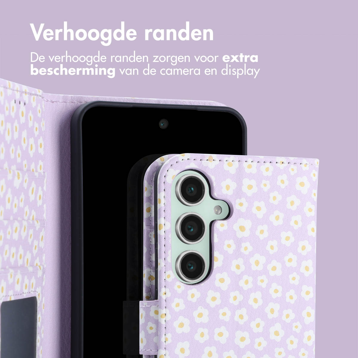Coque de téléphone à fleurs violettes sur un téléphone noir. La coque a des bords surélevés.