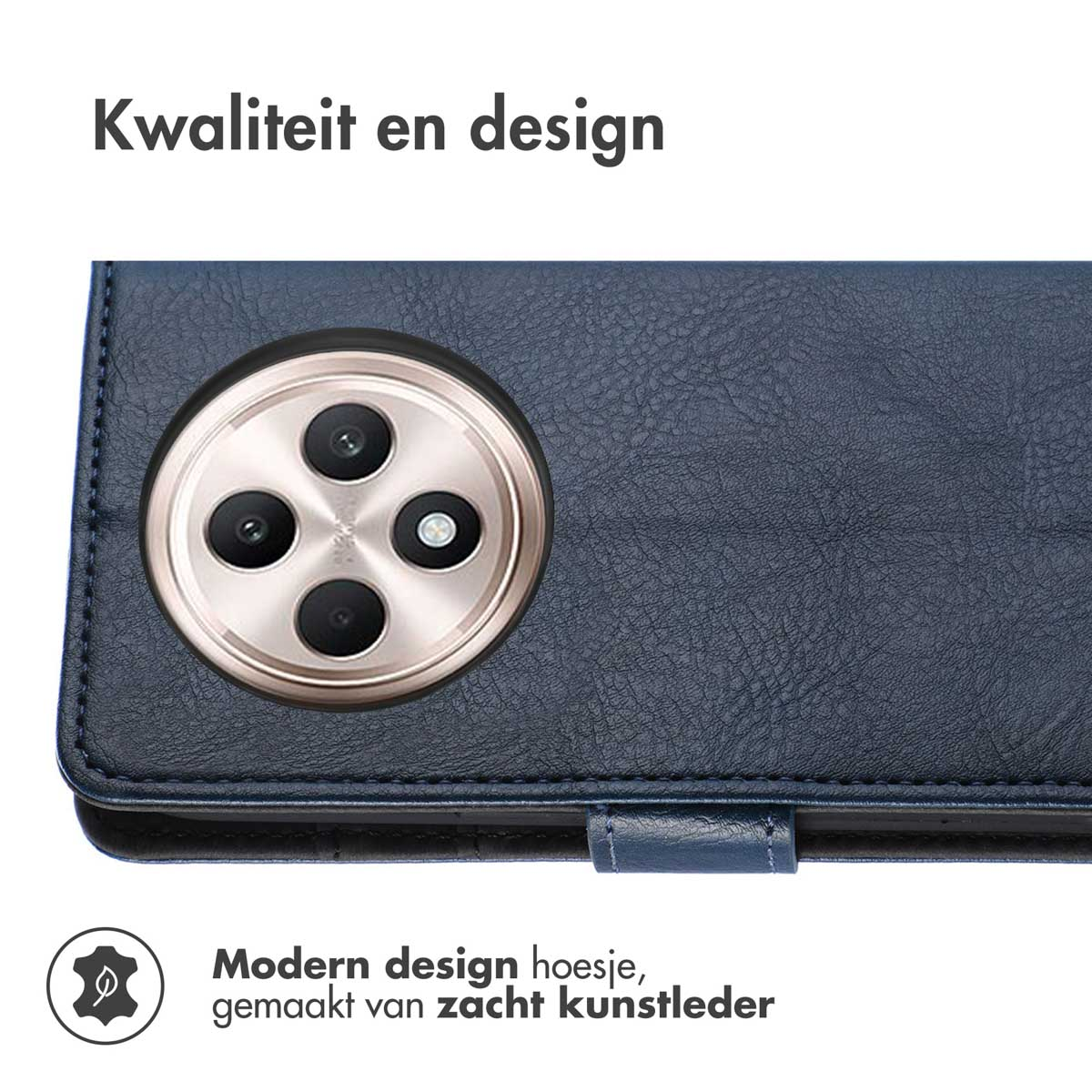 Blauw telefoonhoesje op telefoon. Tekst: Kwaliteit en design. Achtergrond is wit.