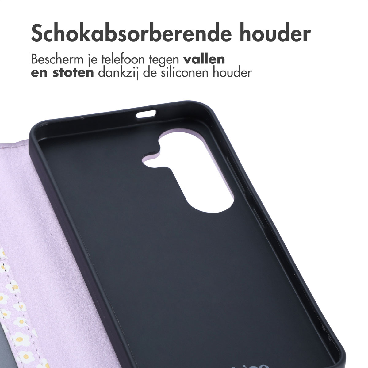 Étui de téléphone noir ouvert, montrant le téléphone et l'intérieur. Détails violets et floraux.