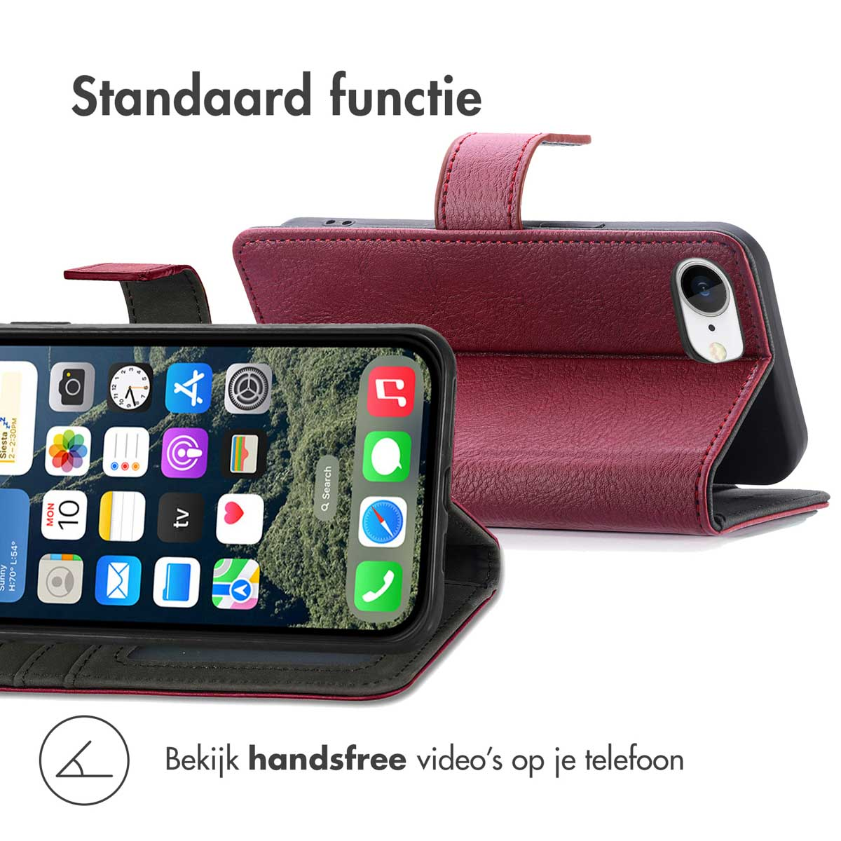 Een telefoon in een bordeauxrode portemonneehoes, met app-iconen op het scherm. Een andere hoes is open om de binnenkant te laten zien.