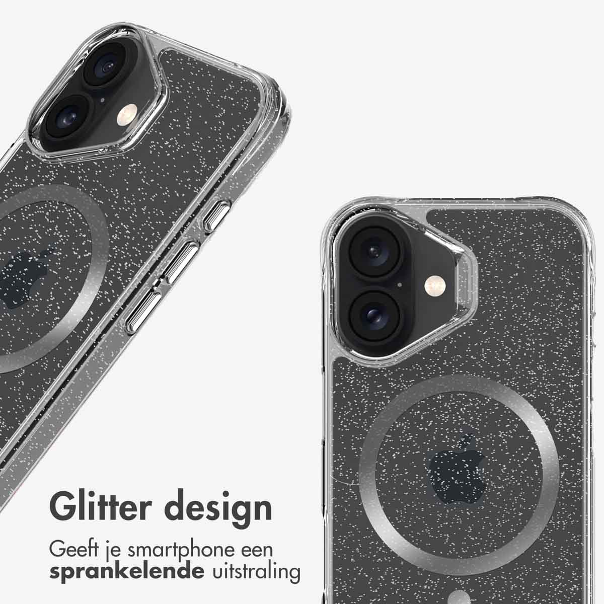 Een telefoon in een glitterhoes met een glitterontwerp, met een wazige achtergrond.
