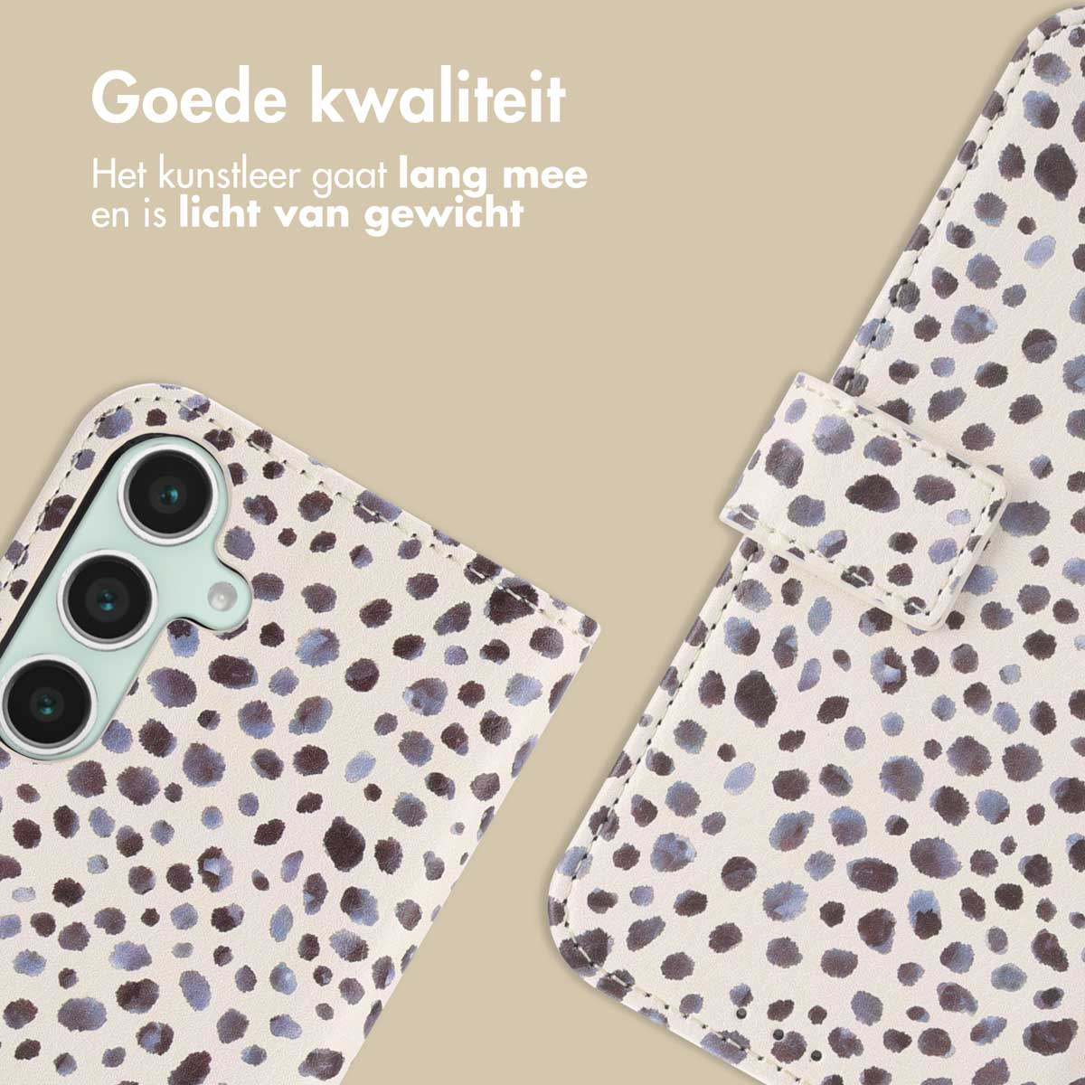 Coque de téléphone avec un motif tacheté et un portefeuille assorti.