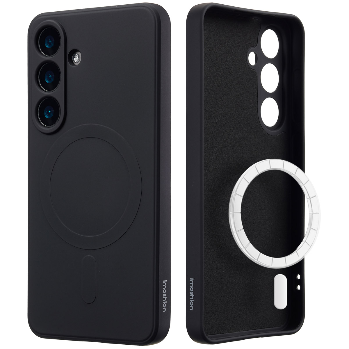 Twee zwarte telefoonhoesjes, een gemonteerd en een open, met het imoshion-logo. Een witte cirkel is zichtbaar.