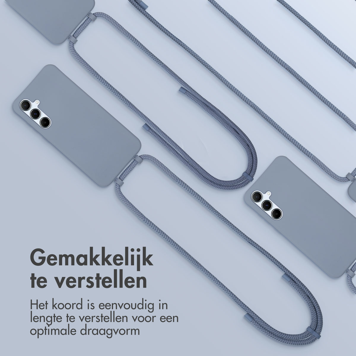 Meerdere grijze telefoonhoesjes met bandjes. Hoesjes zijn aan een grijs koord bevestigd.