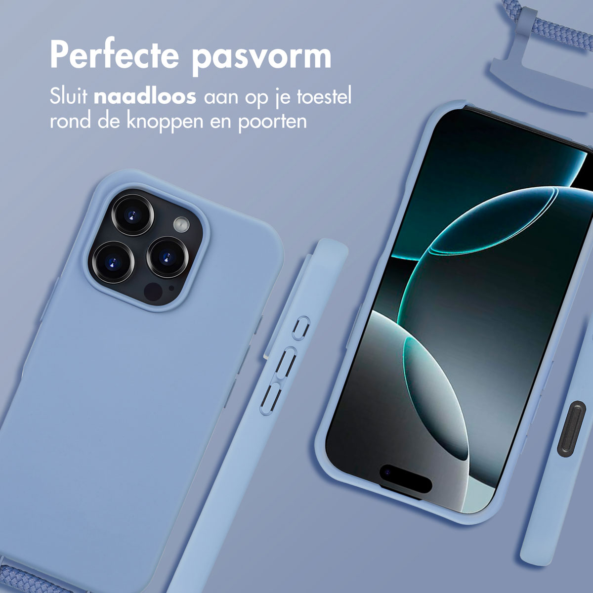 Twee telefoonhoesjes, één op de telefoon. De hoesjes zijn blauw met een blauwe riem.