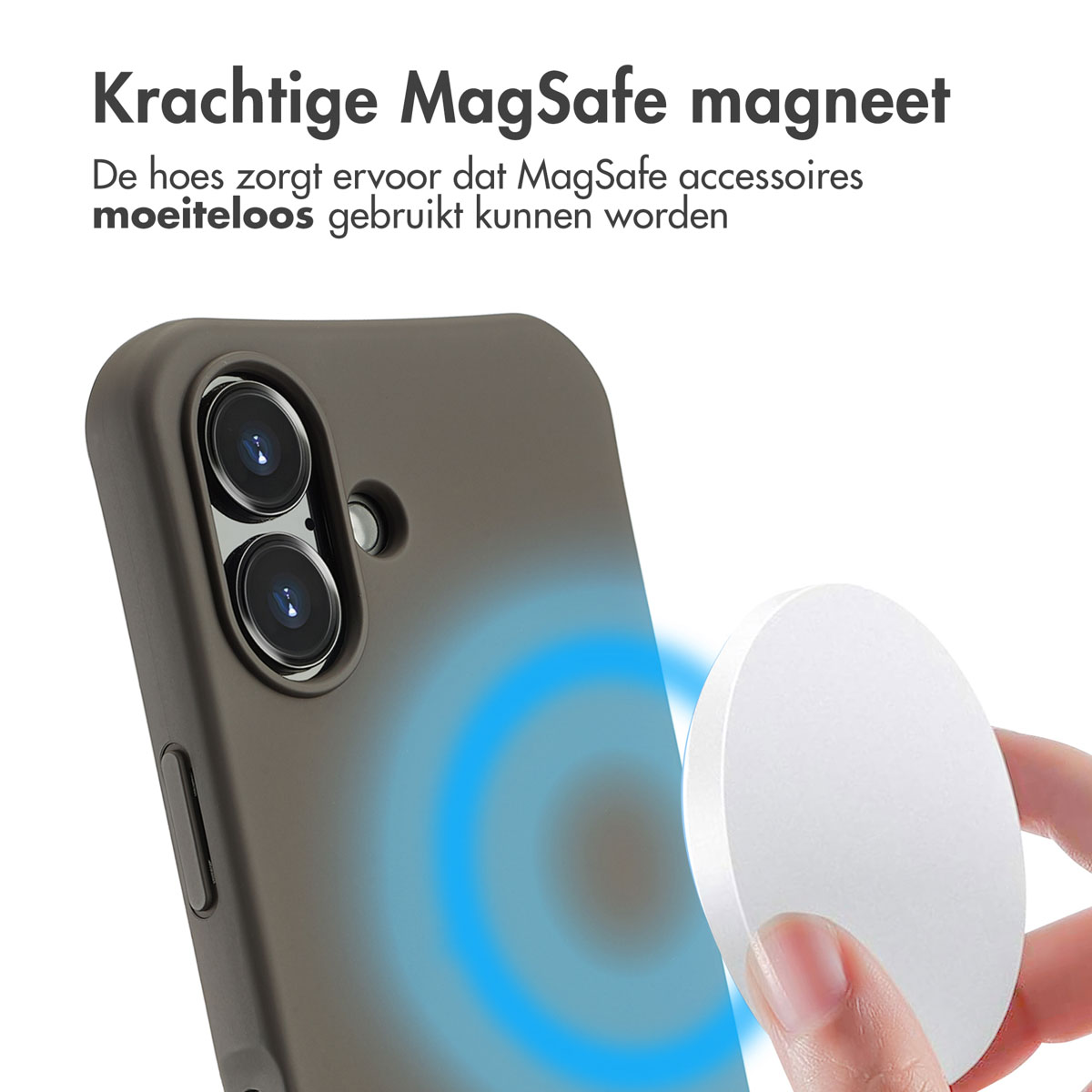 Telefoonhoesje met MagSafe-magneet. Een wit MagSafe-accessoire wordt bevestigd.