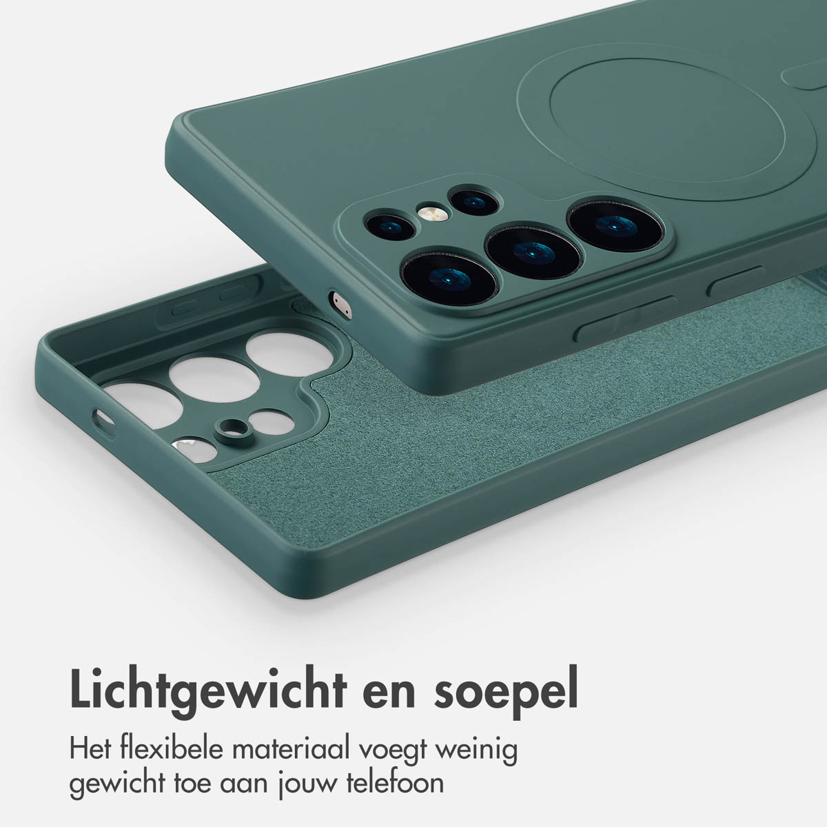 Groene telefoonhoes met een telefoon, die het interieur van de hoes laat zien. Tekst: Lichtgewicht en soepel.