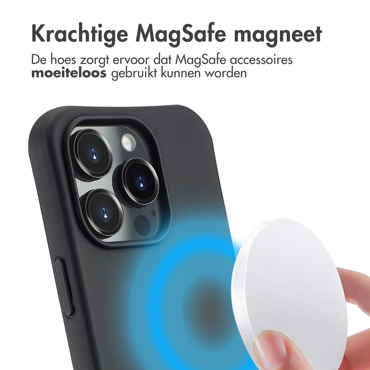 Een zwarte telefoonhoes met een witte magnetische cirkel en een MagSafe-accessoire.