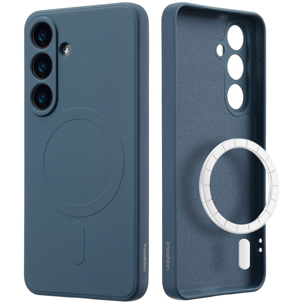 Twee teal telefoonhoesjes, één gemonteerd, één gedemonteerd met een ring.