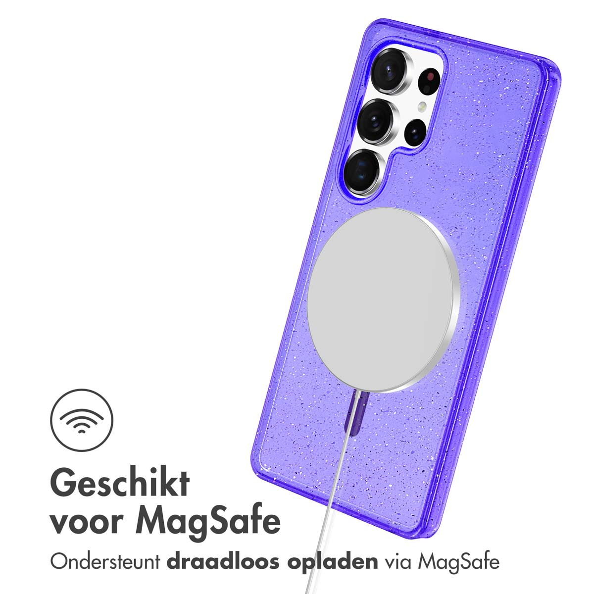 Een telefoonhoesje met een paars glitterontwerp. De tekst luidt 'Geschikt voor MagSafe'. Er wordt een witte cirkel getoond.