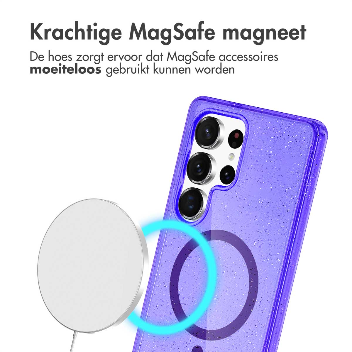 Paars telefoonhoesje met een MagSafe-oplader. Telefoon heeft een paarse glitterhoes en een witte oplader.