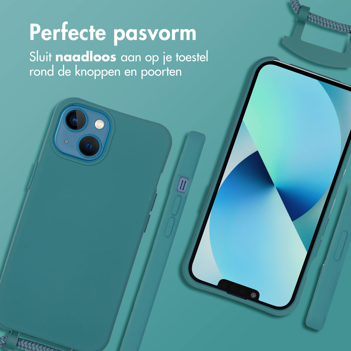Een telefoonhoesje naast een telefoon met een hoesje. De tekst zegt: 'Perfecte pasvorm'.