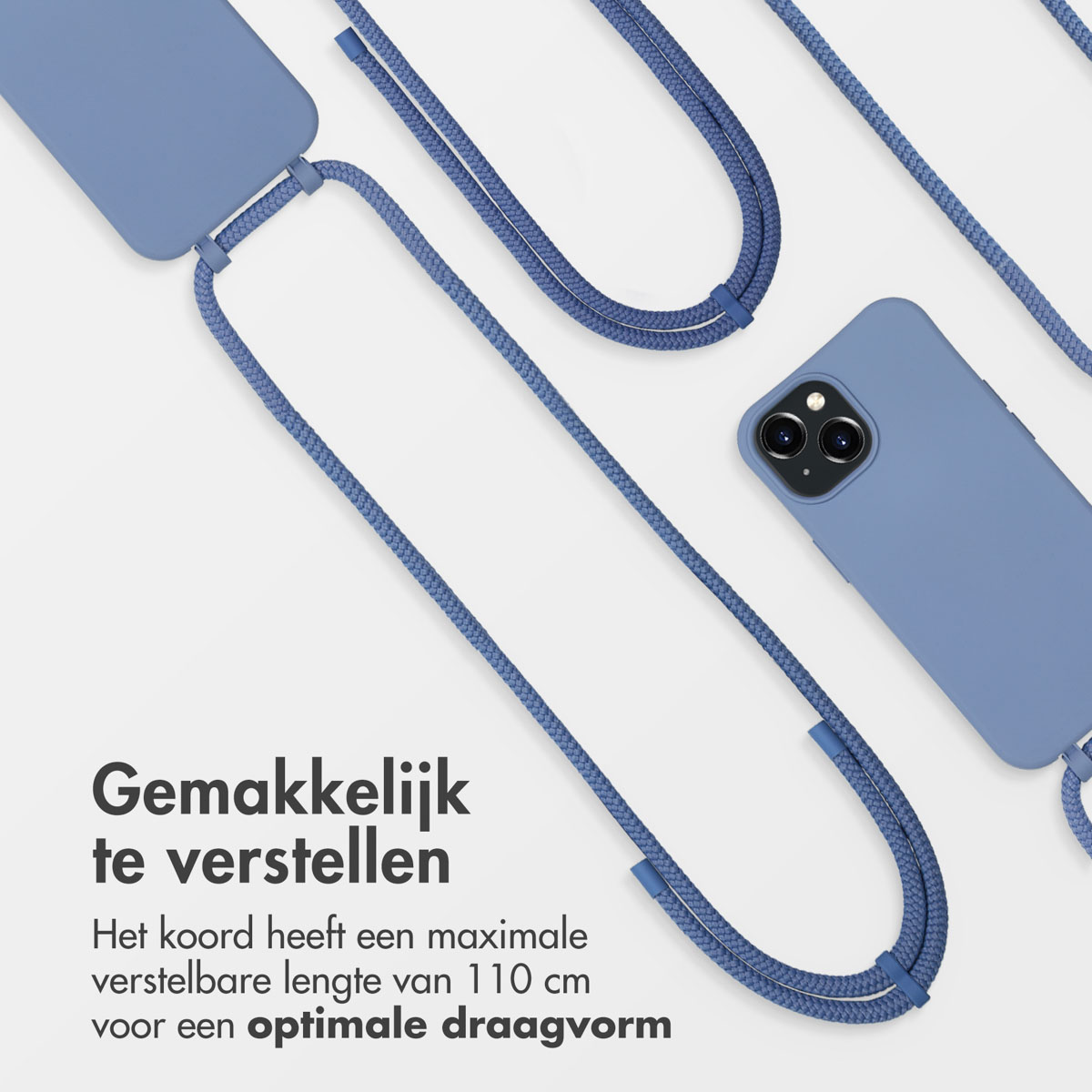 Blaue Handyhülle mit blauem Band, Nahaufnahme Telefon. Text: 'Einfach einzustellen'.