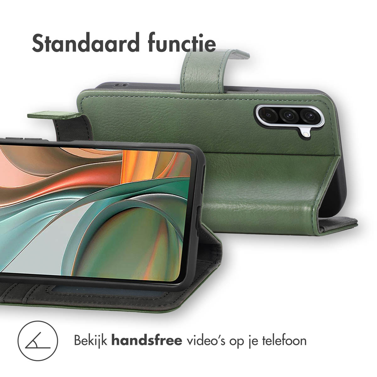 Een groen telefoonhoesje wordt getoond. Het telefoonscherm toont de app-iconen en een groen portemonneehoesje is open.