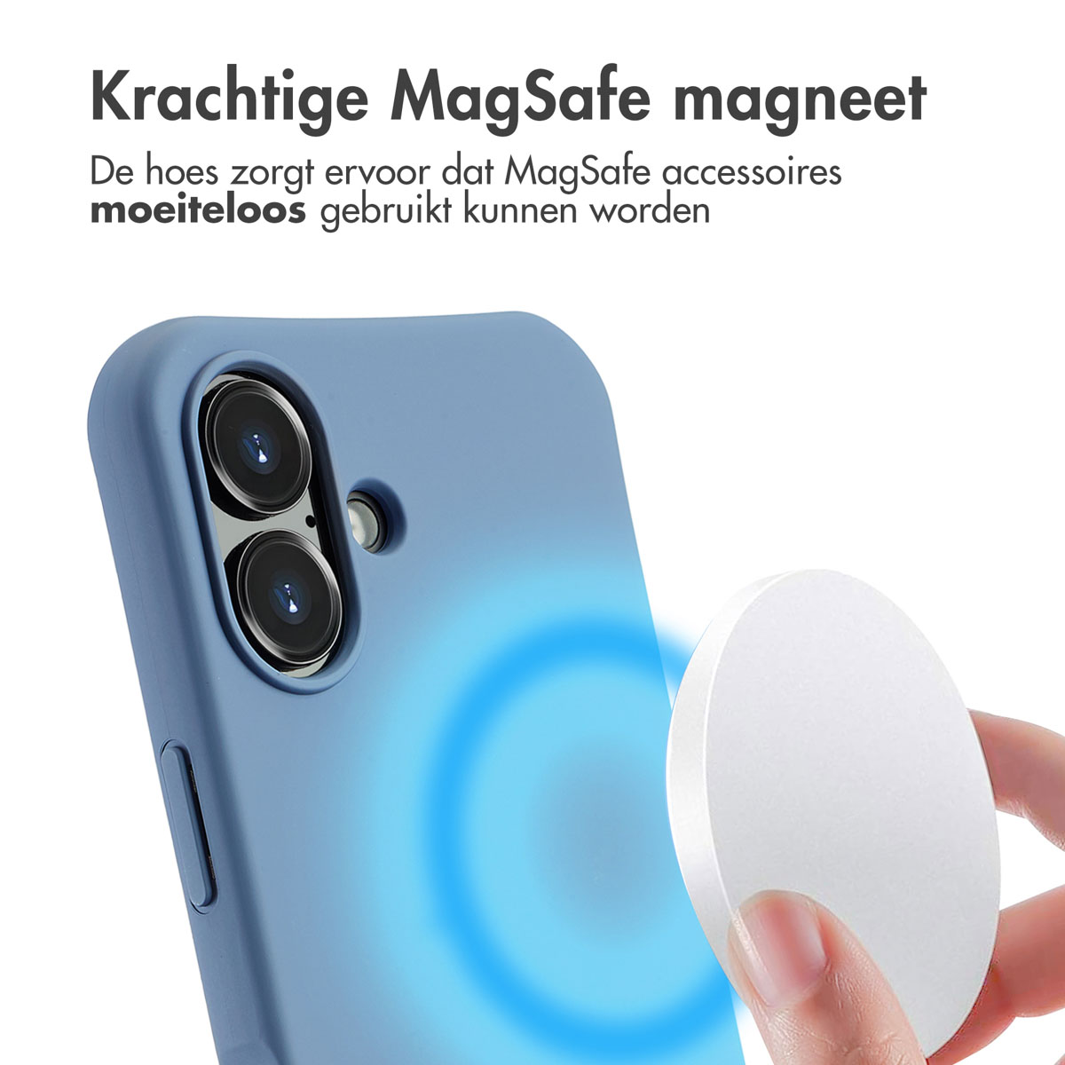 Blauw telefoonhoesje met een witte cirkel, met een wit oplaadapparaat.