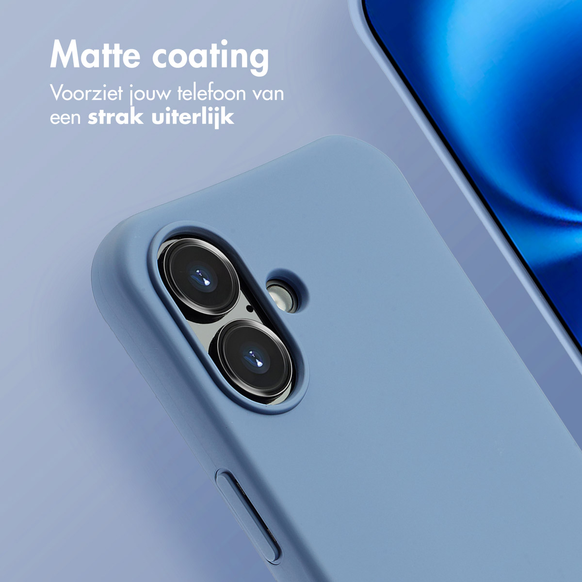Een close-up van een blauwe telefoonhoes met een matte afwerking. Het heeft twee camera-uitsparingen.