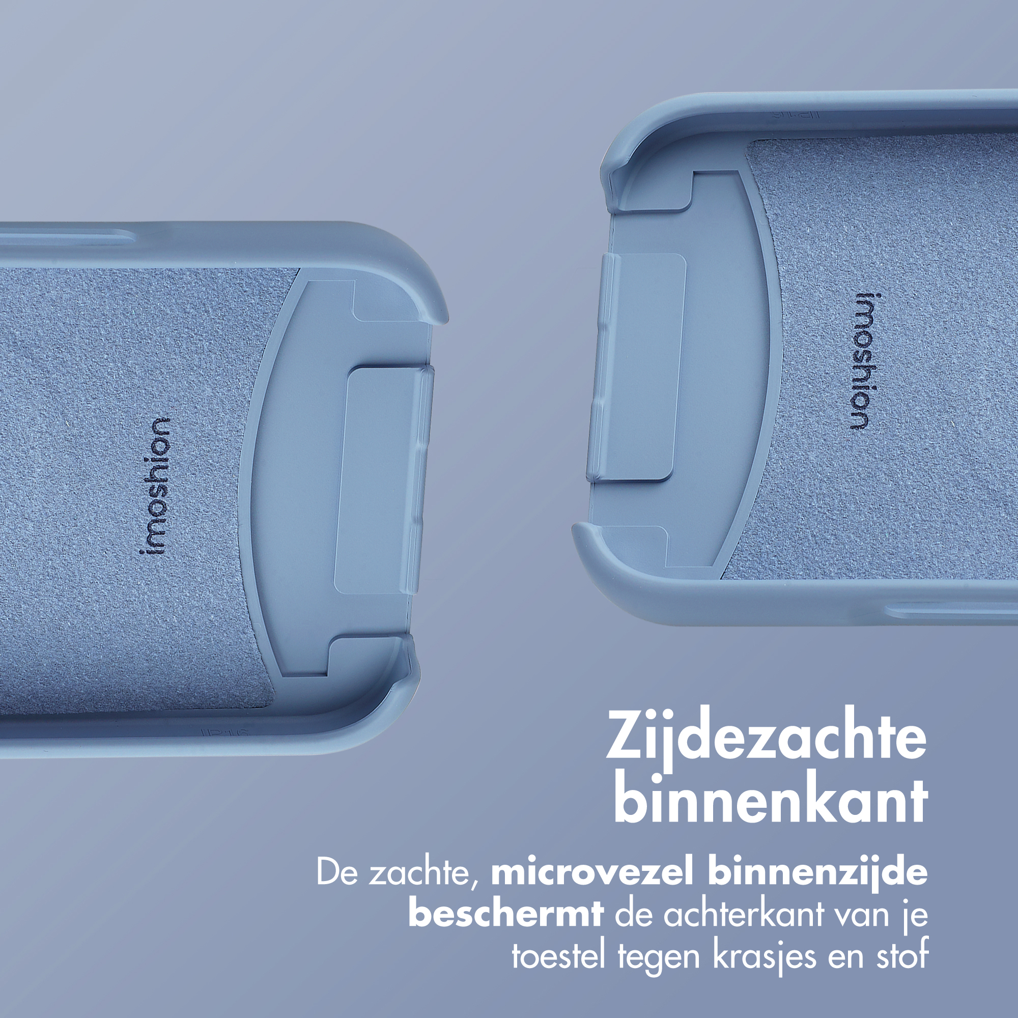 Twee blauwe telefoonhoeshelften, naast elkaar. Tekst: Zachte, microvezel binnenkant beschermt de achterkant.