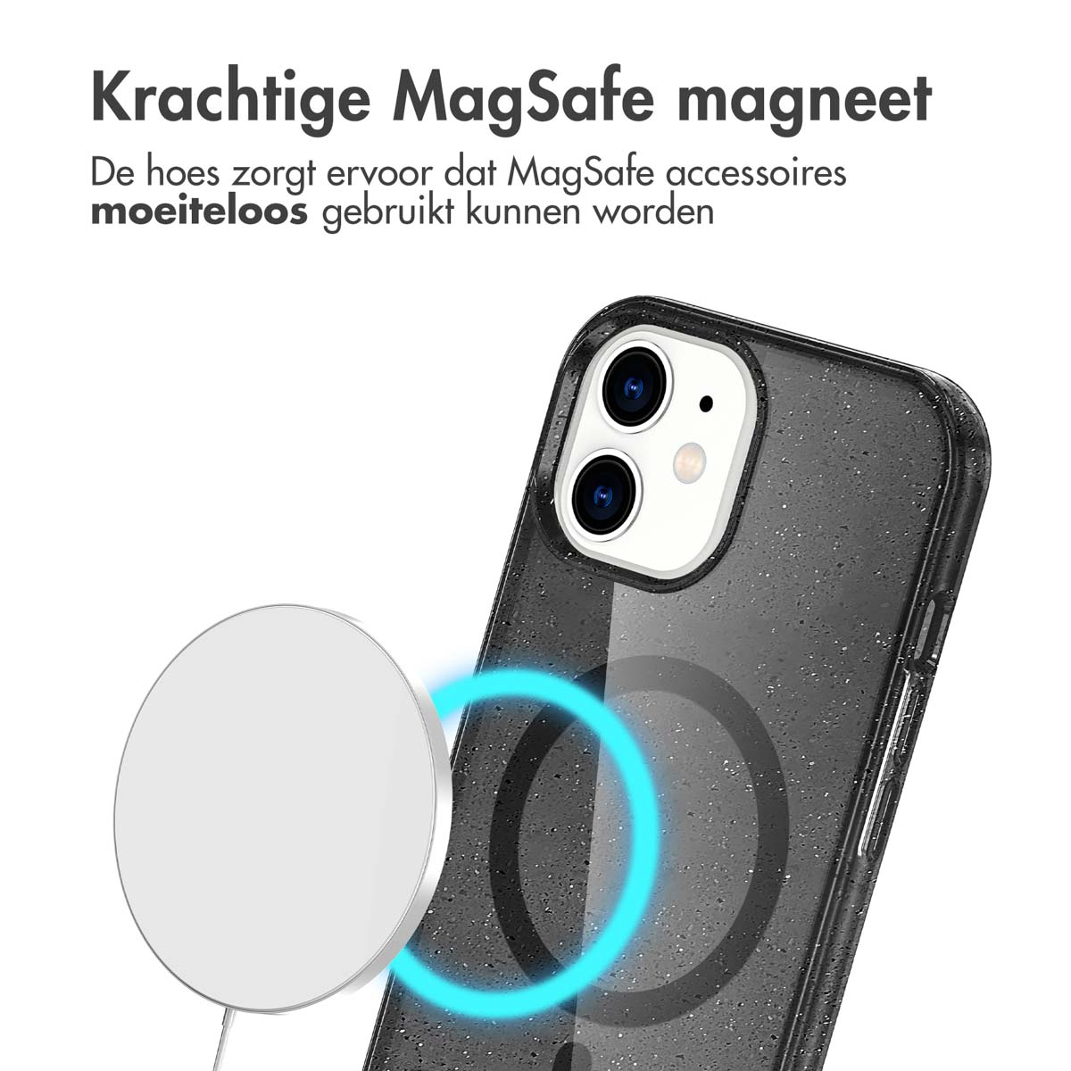 Una custodia per telefono con un magnete MagSafe attaccato a un telefono, che mostra un disco di ricarica bianco.