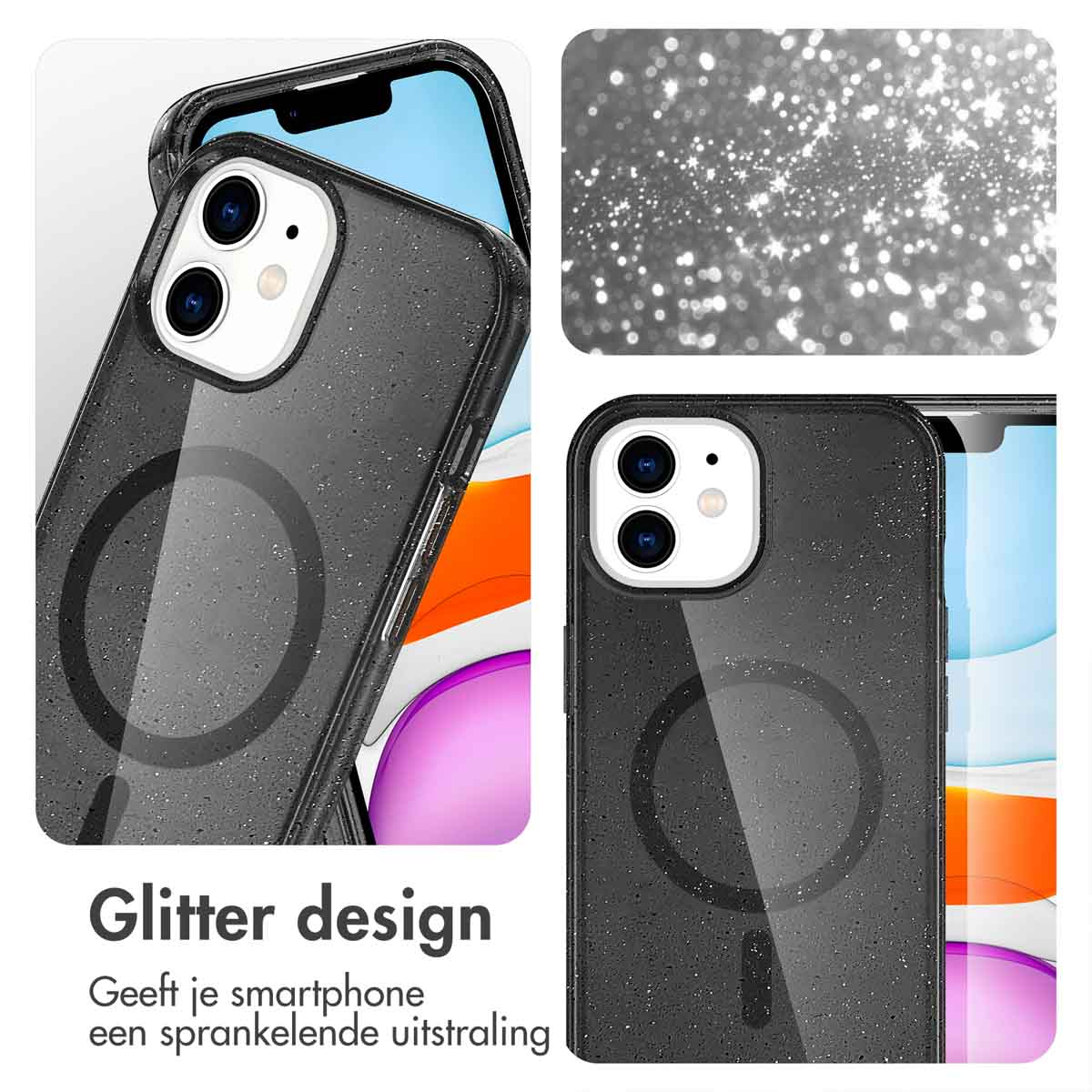 Una custodia per smartphone con design glitterato. Mostra la custodia e l'effetto glitter.