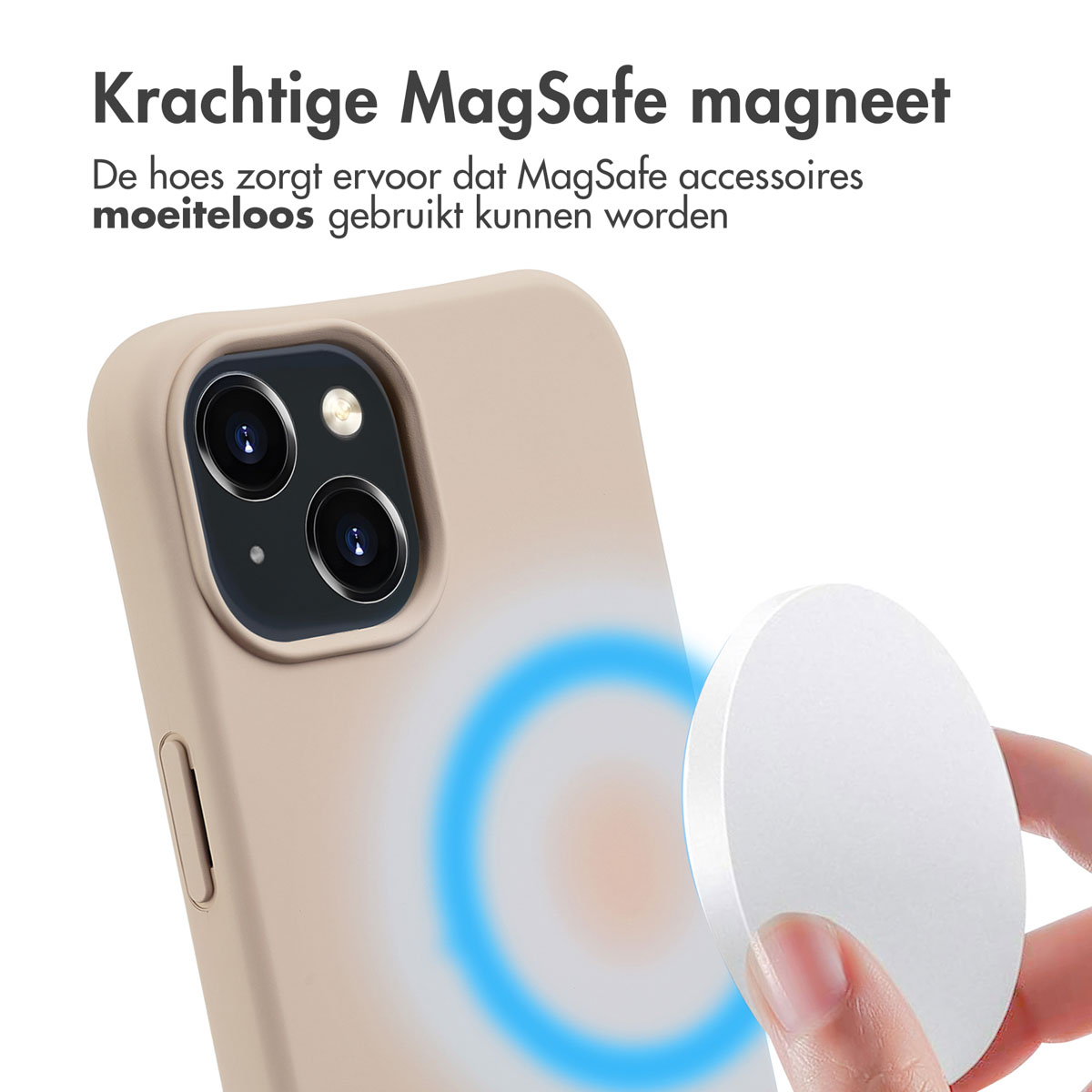 Handyhülle mit MagSafe und einem weißen kreisförmigen Magneten, der an einem beigen Telefon befestigt ist.