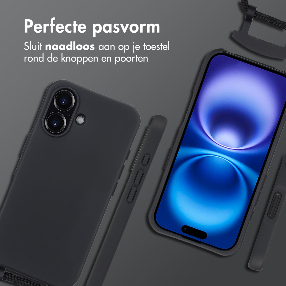 Drie donkergrijze telefoonhoesjes, een zwarte riem en de hoek van een donker oppervlak worden getoond.