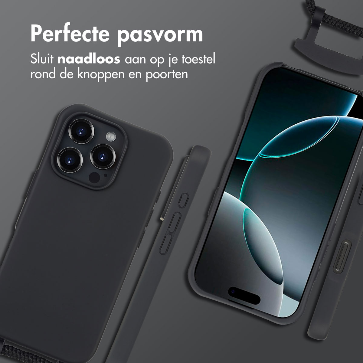 Zwarte telefoonhoes met telefoon erin, met koord. Tekst zegt perfecte pasvorm.