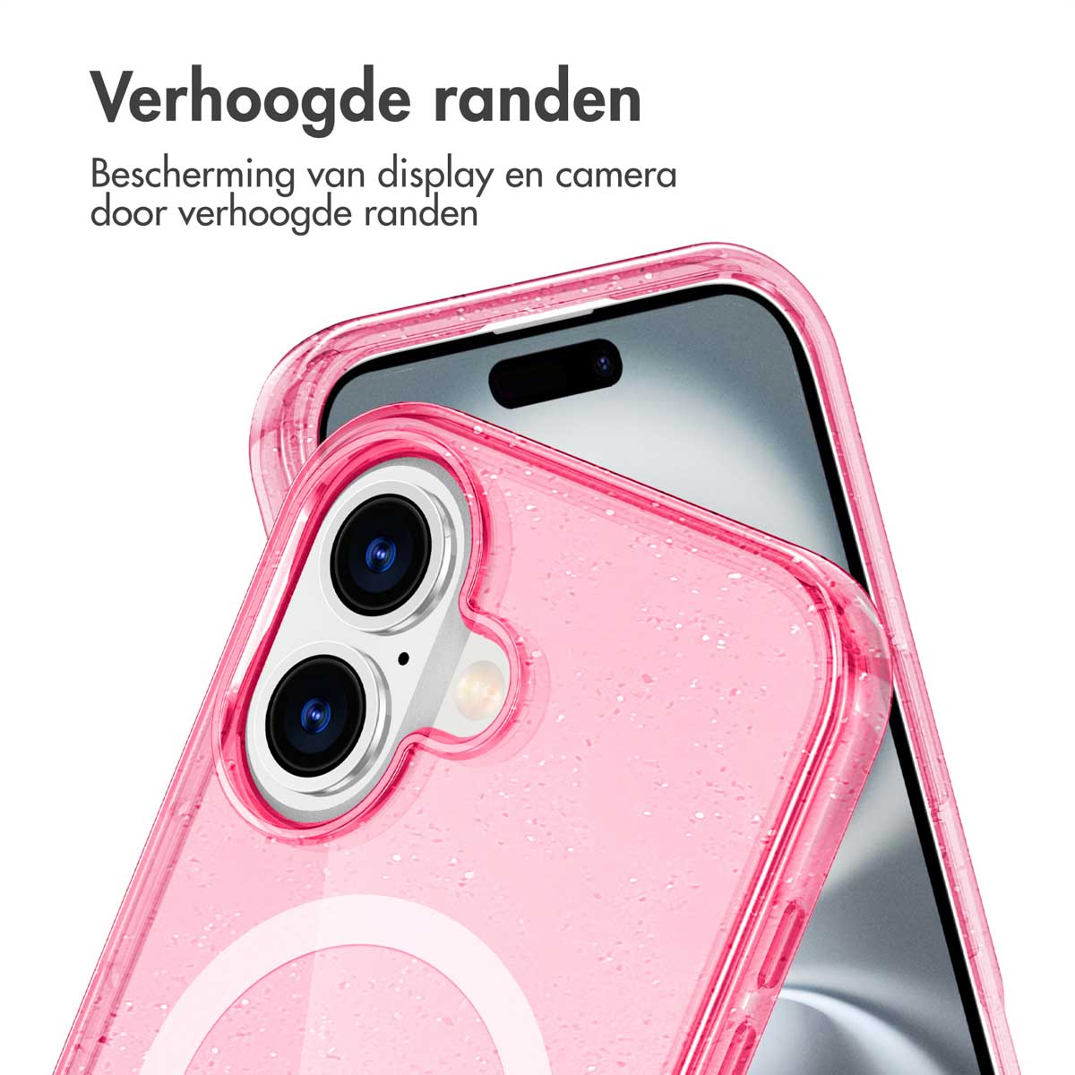 Een roze telefoonhoesje met een doorzichtige hoes, die een telefoon met camera en scherm en verhoogde randen bedekt.