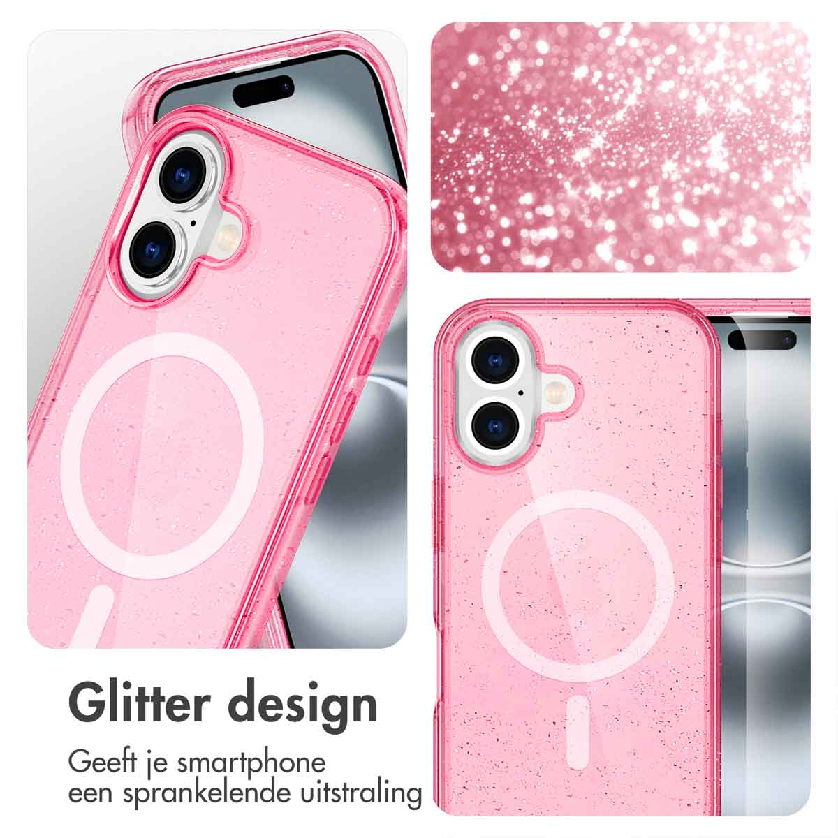 Roze telefoonhoesje met glitter. Twee hoeken van de case. Tekst: 'Glitter design'.