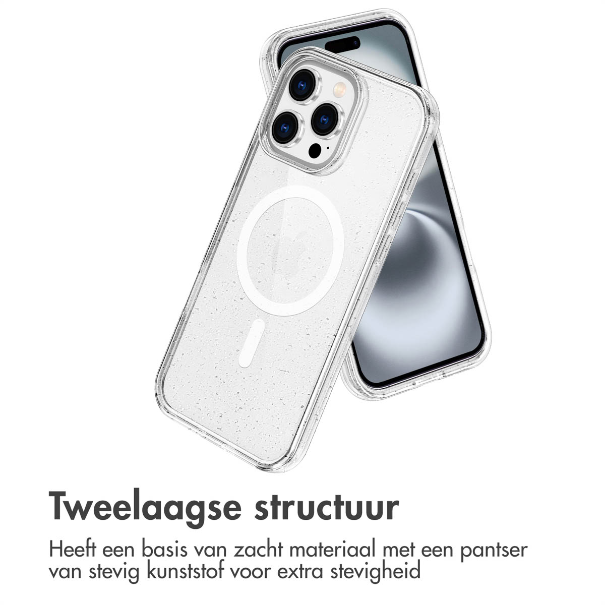 Transparante telefoonhoes met witte cirkel en telefoon.