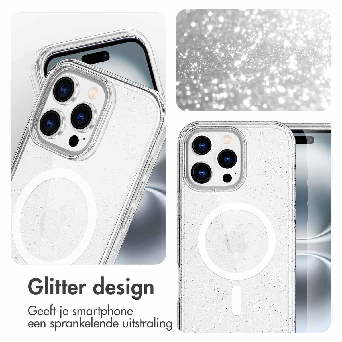 Telefoonhoesje met glitterdesign op witte achtergrond. Close-up toont achterkant van telefoon.
