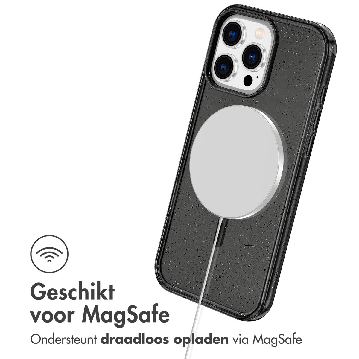 Zwarte telefoonhoes met een MagSafe-lader. Tekst: Geschikt voor MagSafe.