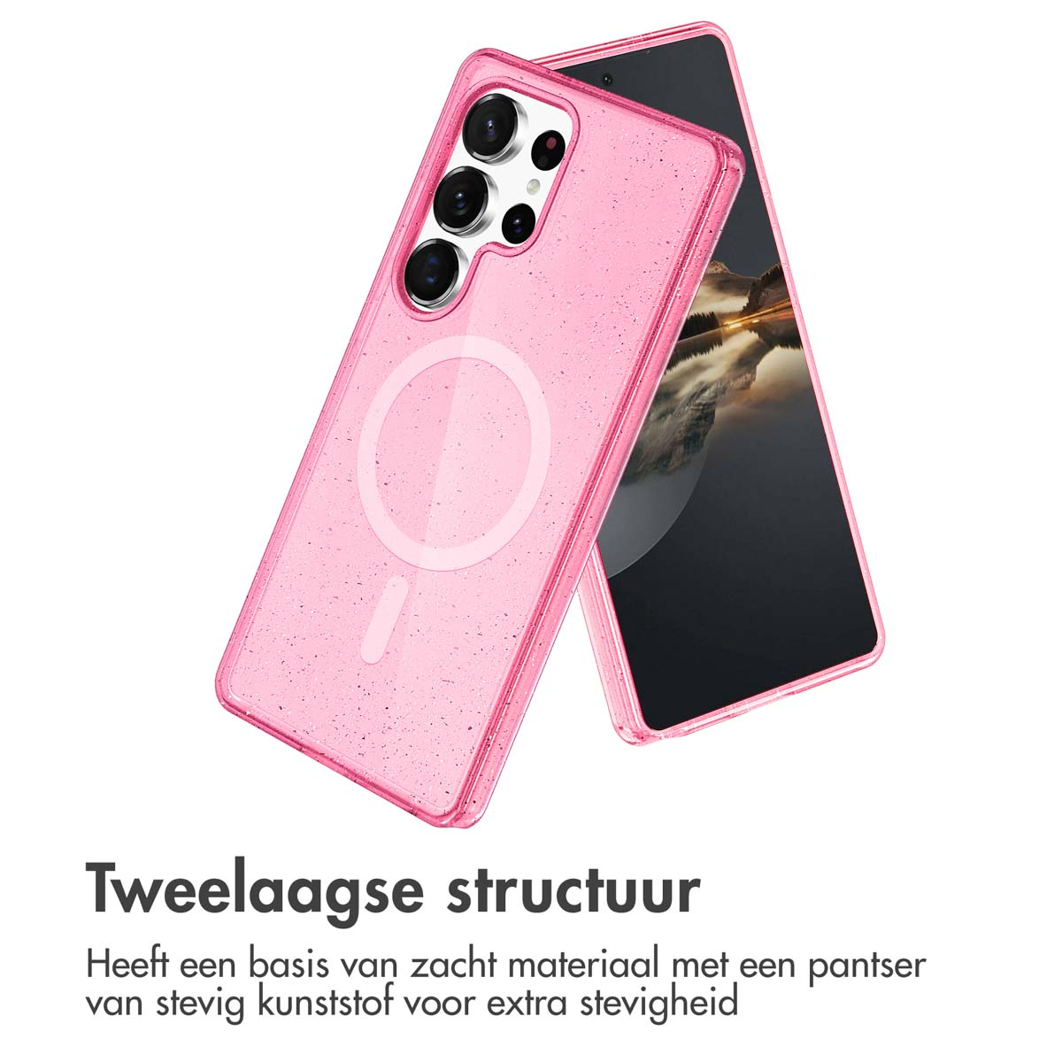 Roze glitter telefoonhoesje met telefoon erin. Heeft een MagSafe cirkel op de achterkant.