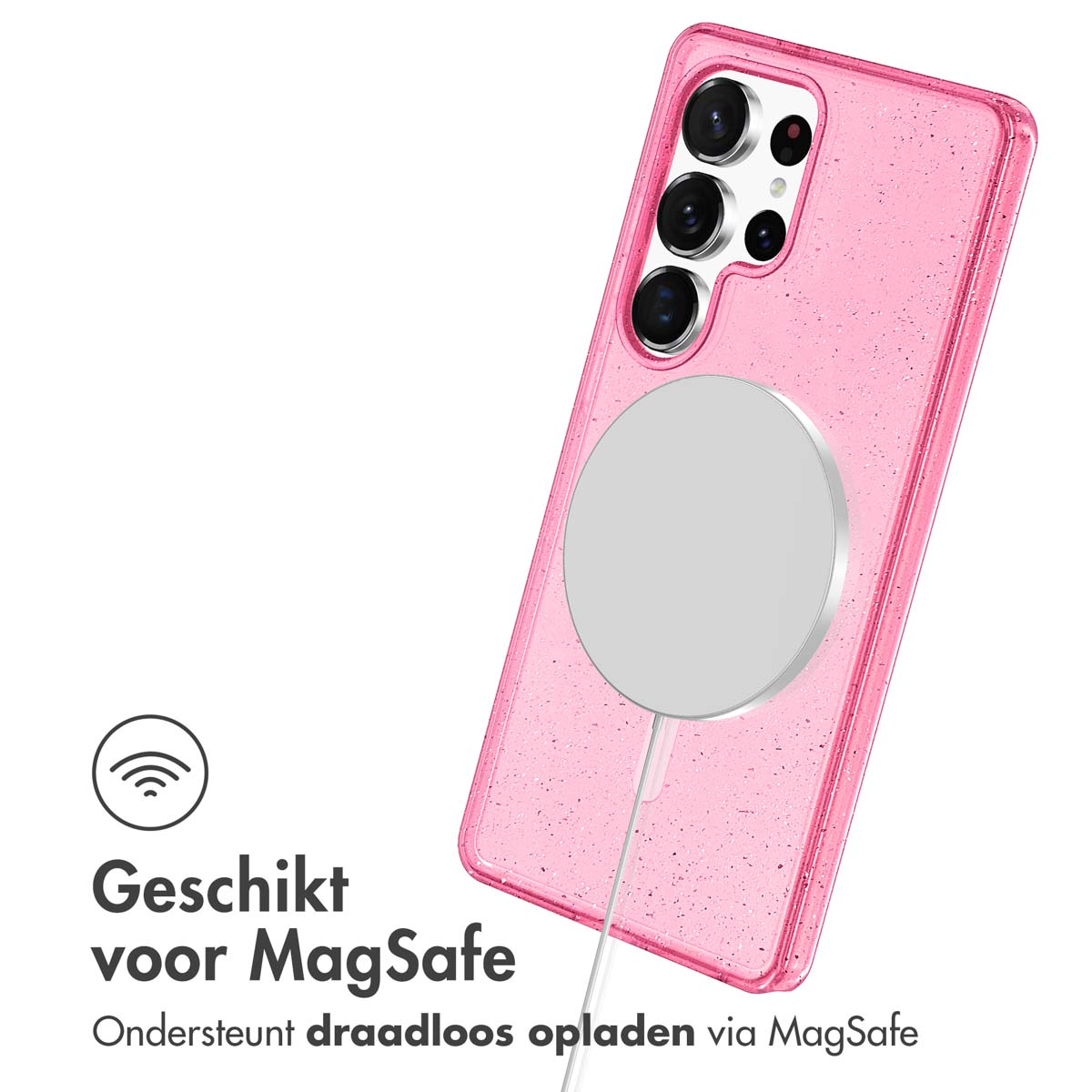 Roze glitter telefoonhoes met witte MagSafe oplader. Text: Geschikt voor MagSafe.