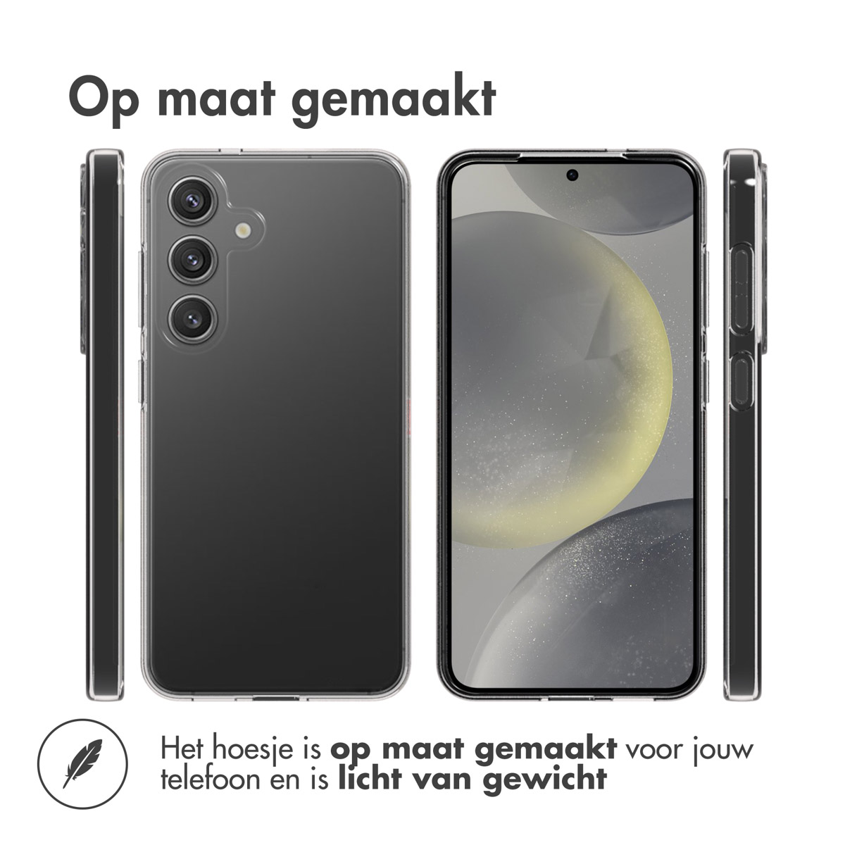Plusieurs vues d'une coque de téléphone transparente avec un téléphone à l'intérieur. Trois caméras sont visibles à l'arrière.