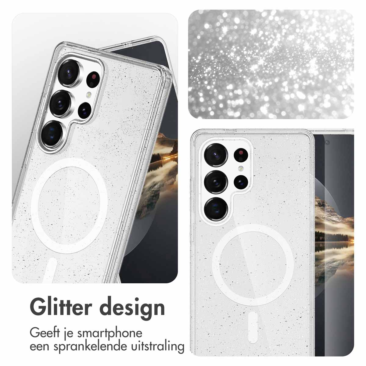 Twee telefoonhoesjes, transparant met glitter, en close-up van de glitter. Tekst: Glitter design. Geeft je telefoon glans.