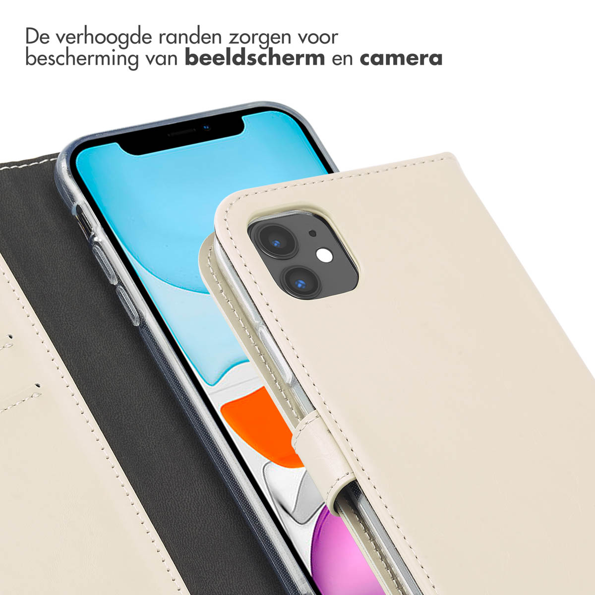 Une coque de téléphone avec un téléphone à l'intérieur. La coque est beige et possède un protecteur d'écran.