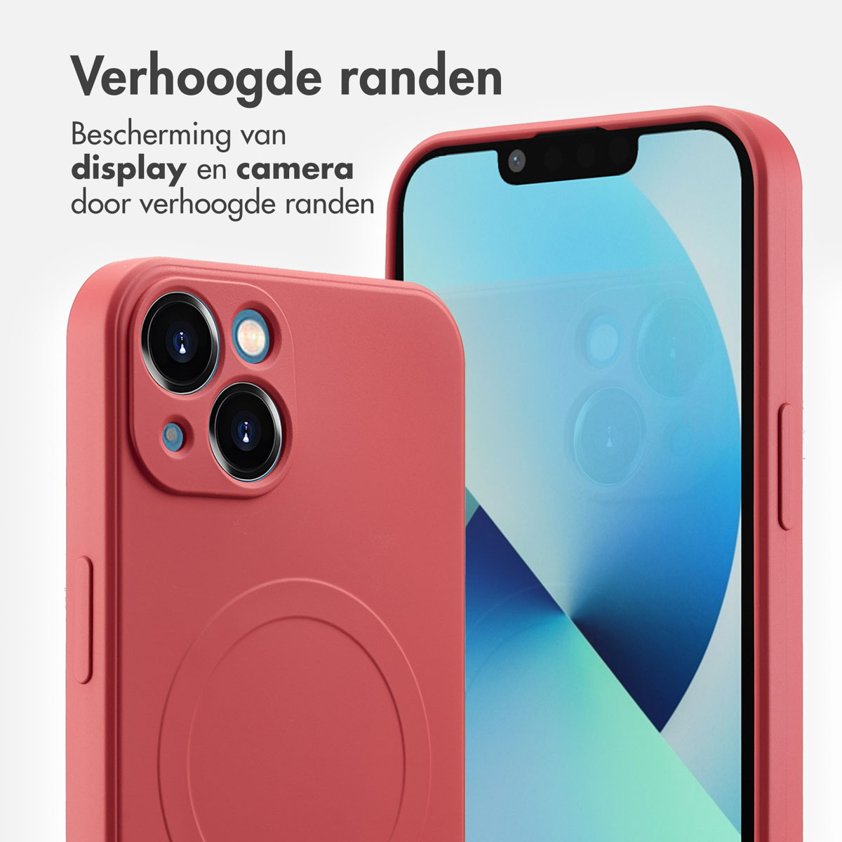 Téléphone dans un étui rouge avec une couverture rouge, montrant l'écran et la caméra.