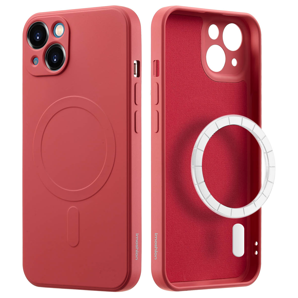 Twee rode telefoonhoesjes, één die de binnenkant laat zien, met een MagSafe-ring en een telefoon.