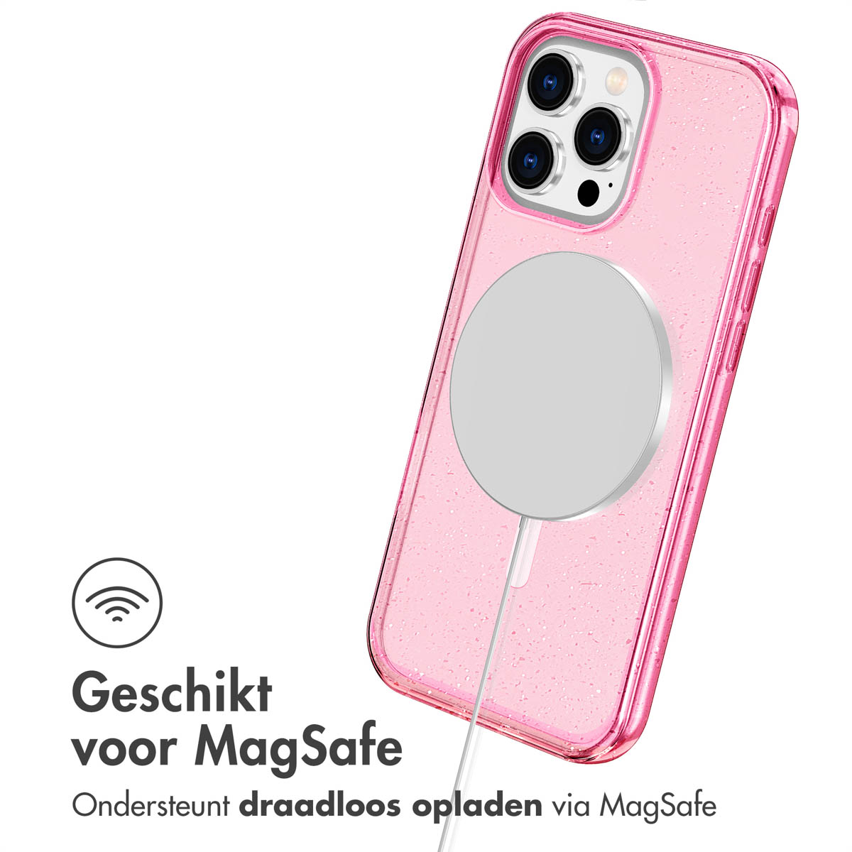 Une coque de téléphone rose avec un chargeur MagSafe attaché. La coque est transparente et pailletée. Texte : 'Convient pour MagSafe'.