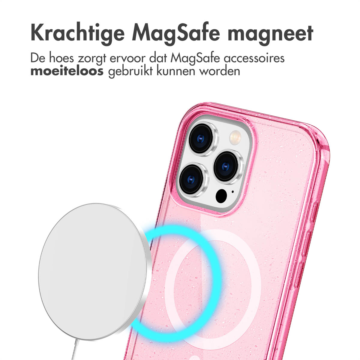 Une coque de téléphone rose avec un téléphone. Un cercle blanc est dans la coque.