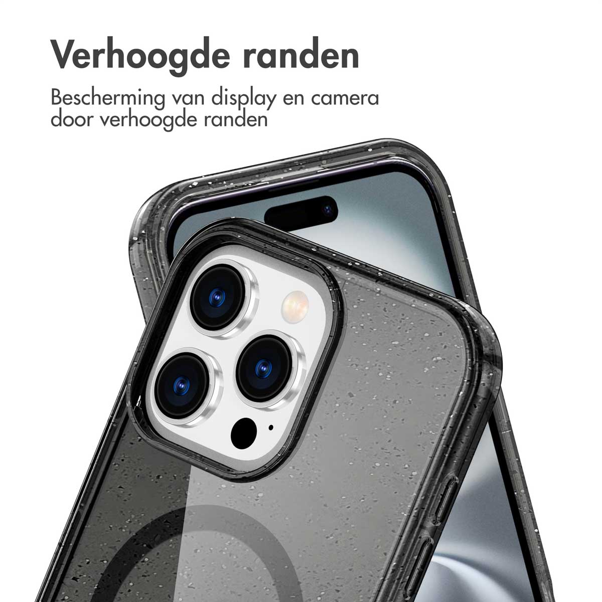 Telefoonhoesje met verhoogde randen. Telefoon met camera. Grijze hoes met waterdruppels.