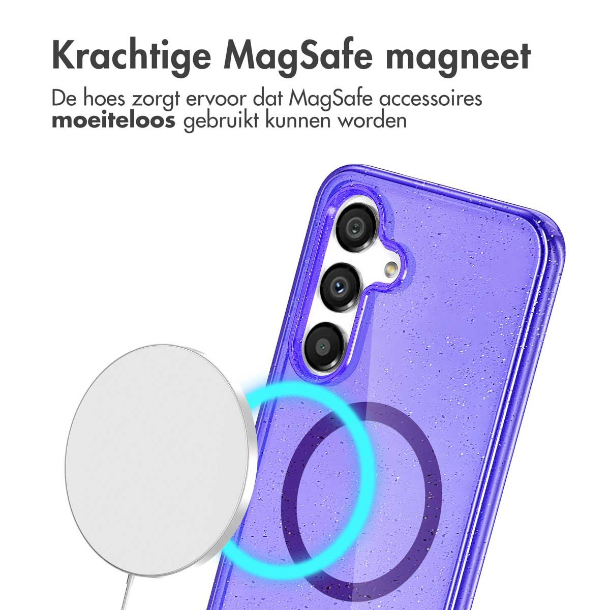 Een paars telefoonhoesje met glitter en een MagSafe-ring, een witte MagSafe-oplader.