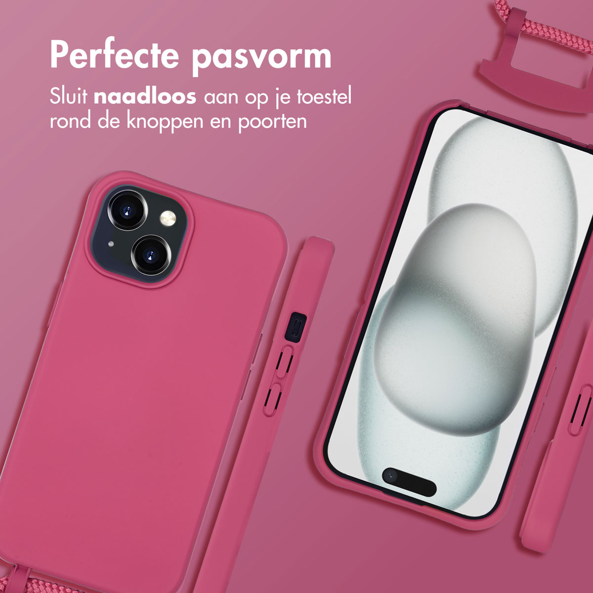 Eine pinkfarbene Handyhülle mit Telefon und pinkfarbenem Riemen. Sie passt perfekt.