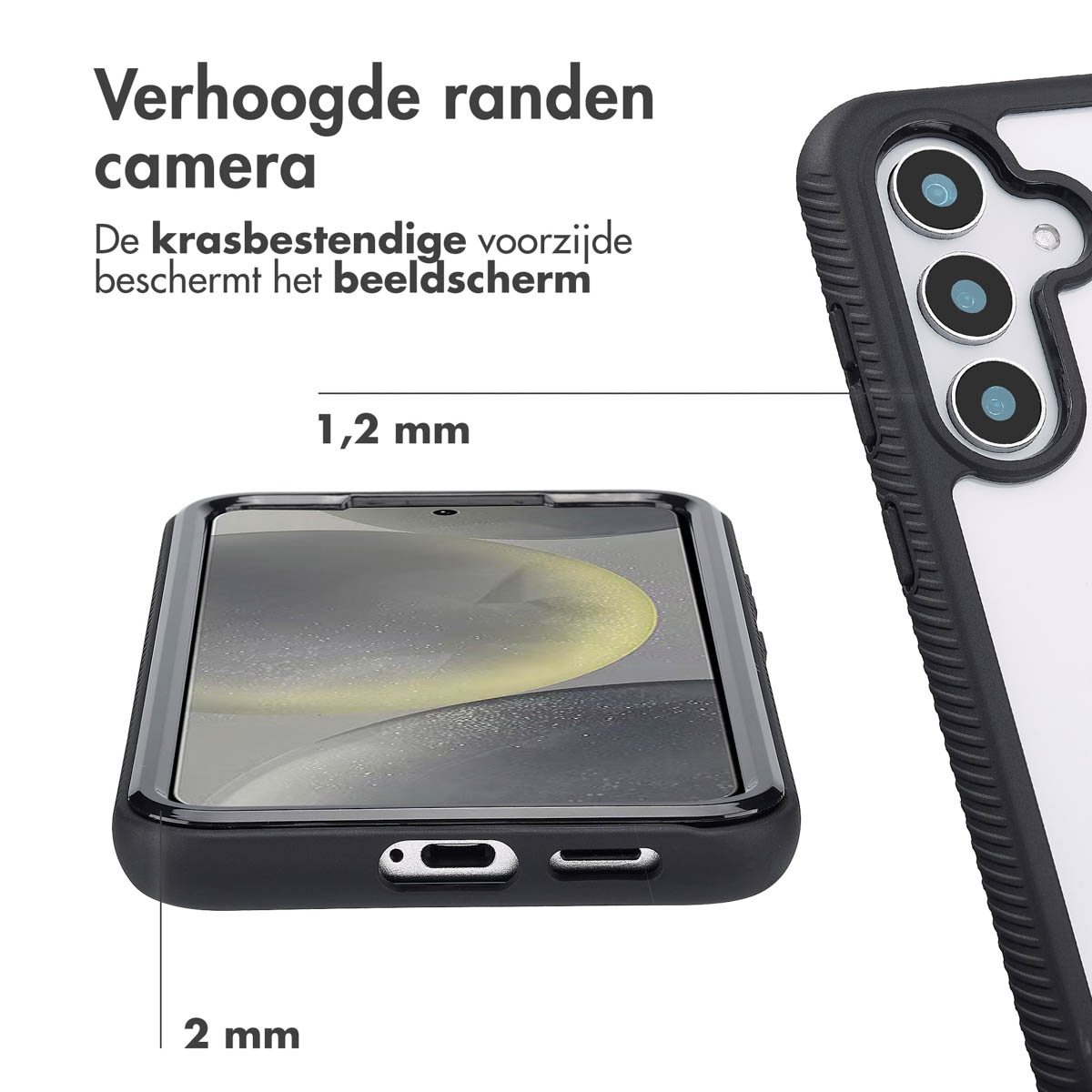 Gros plan sur un téléphone avec un étui noir. L'écran et les bords sont visibles. Fond noir et blanc.