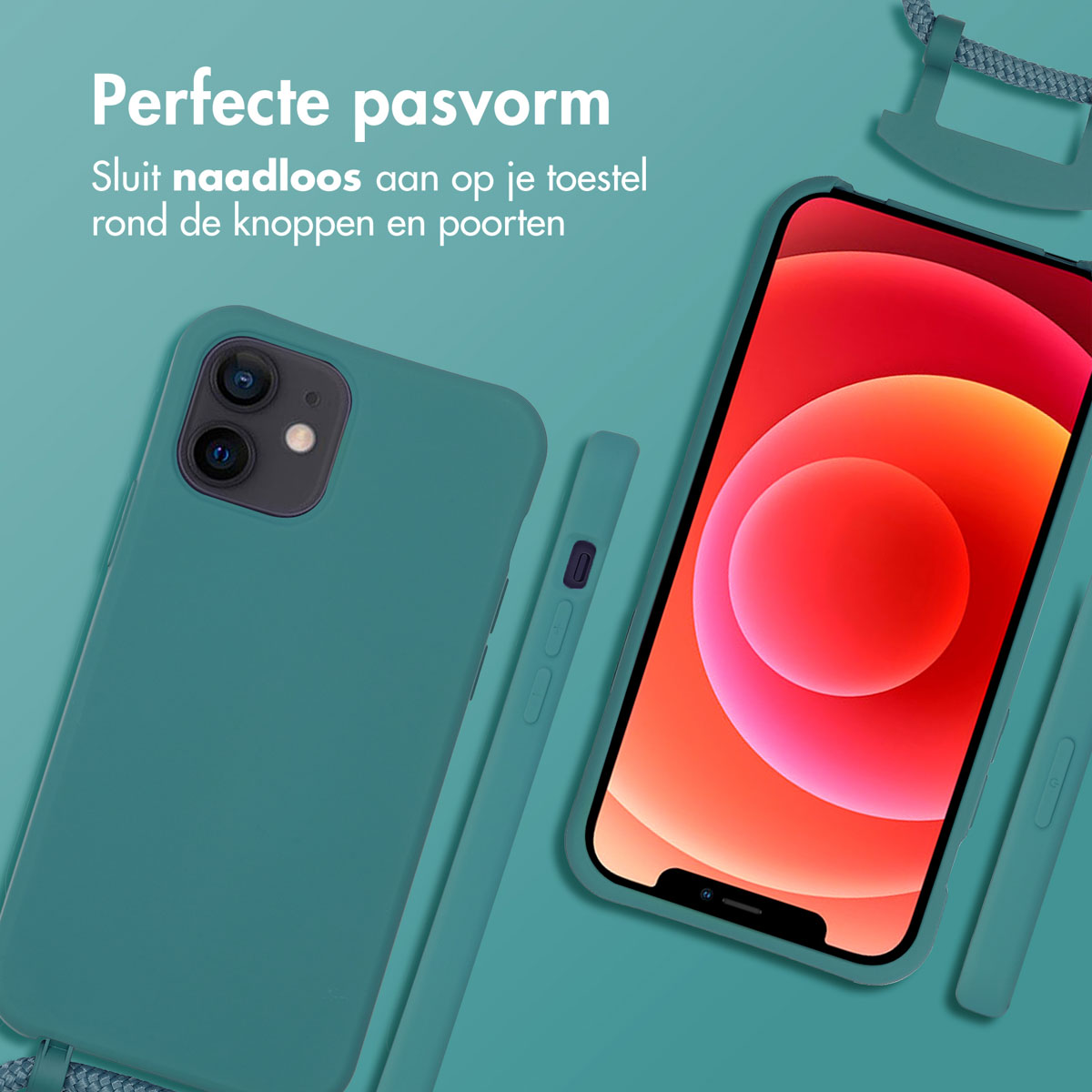 Een telefoon in een teal hoesje met een bijpassend koord. De telefoon staat tegen een groene achtergrond.