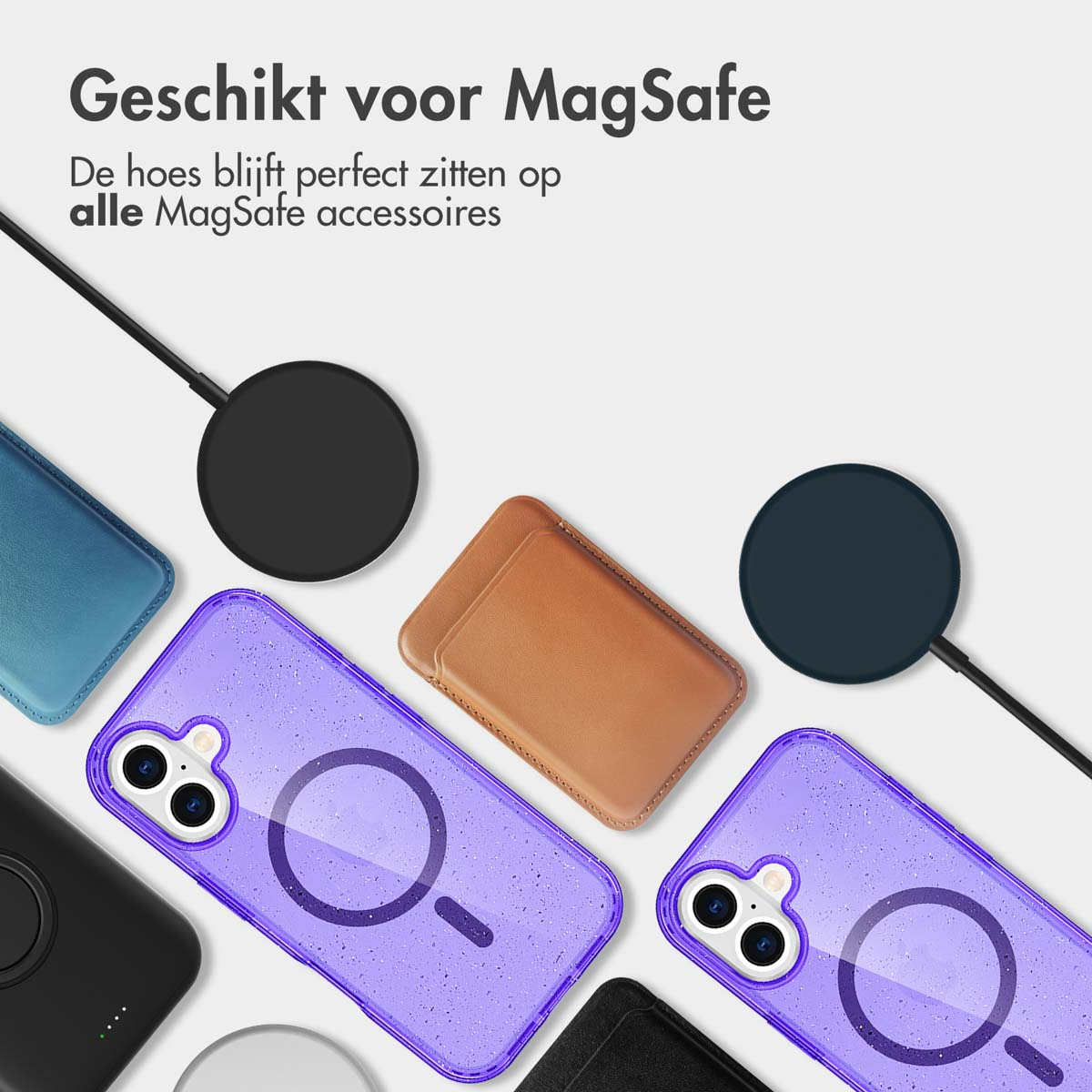 Coques de téléphone avec chargeurs MagSafe, présentant différentes couleurs et styles. Texte : Convient pour MagSafe.