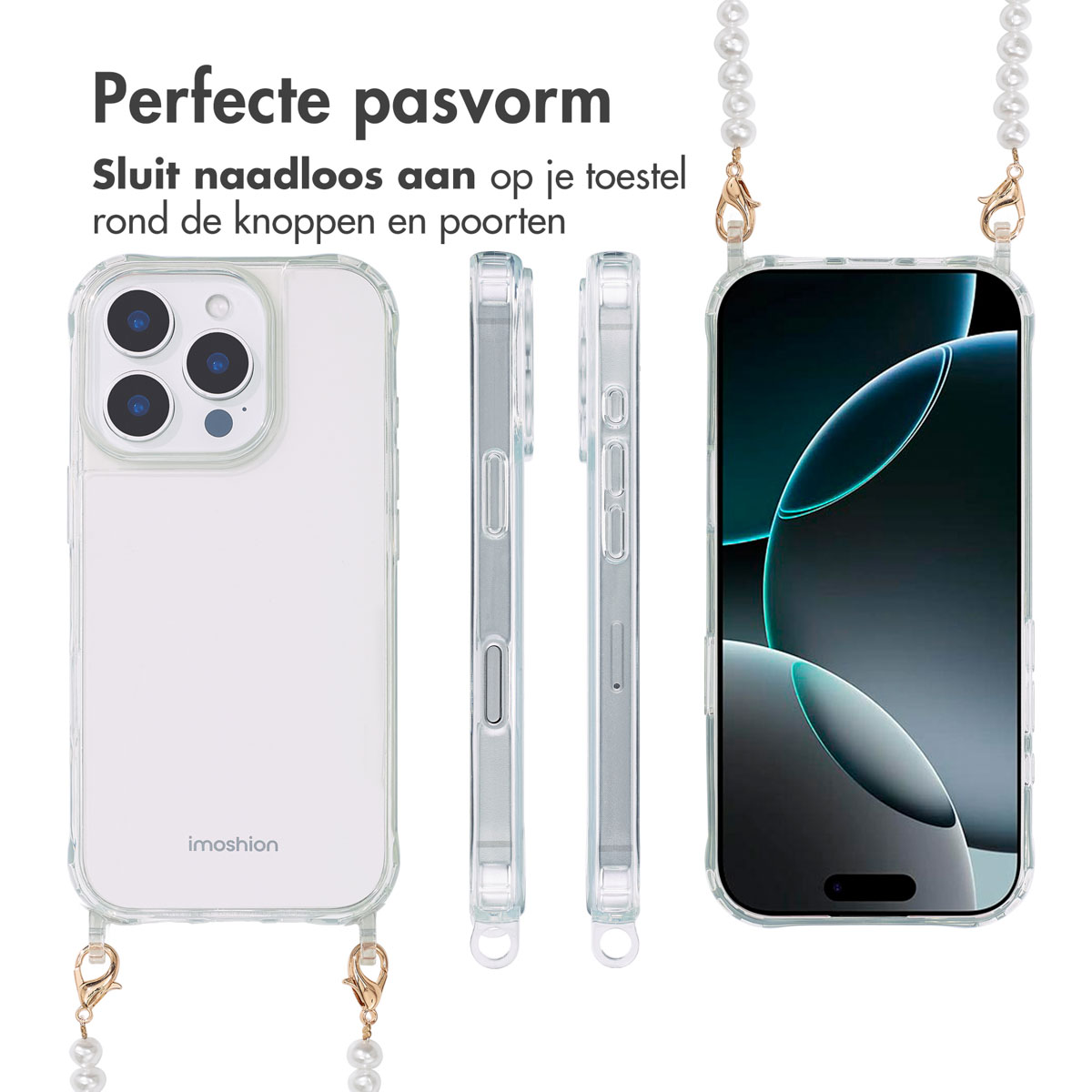 Een telefoon in een transparante hoes, vanuit verschillende hoeken getoond, met een parelketting eraan.