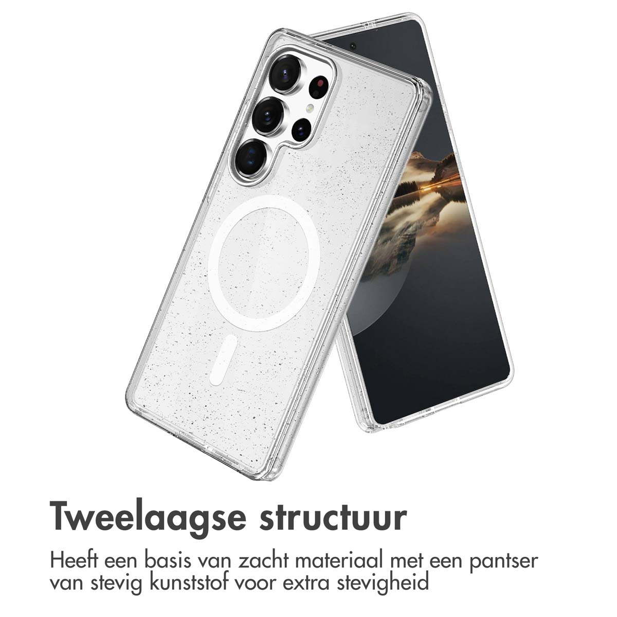 Transparant telefoonhoesje met een telefoon. De hoes is transparant met een glitterdesign.